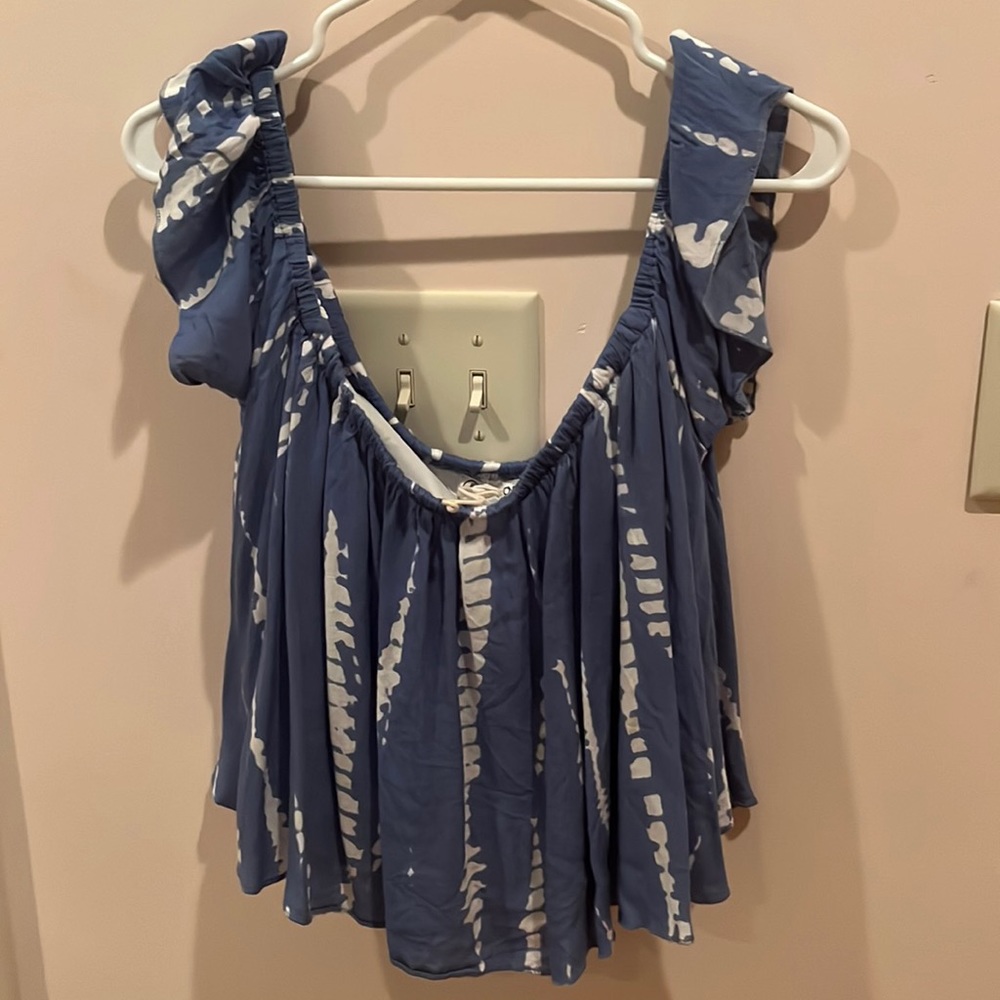 Beach Top Off the Shoulder Bohemian Vacation Blue and White Tie Die Top